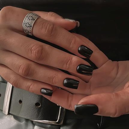 Black Press on Nails Medium Square, KXAMELIE Natural Acrylic Glue on Nails Coffin Nails Press ons Medium Short Gel Nails, Reusable Fake Nails 2025 Trendy Solid Color False Nails 24Pcs
