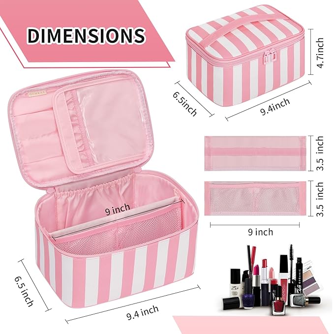 OCHEAL Makeup Bag,Travel Makeup Organizer Bag, Large Capacity Cosmetic Bags For Women Large Travel Toiletry Bag Girls Traveling With Brush Slot And Divider-Stripes Pink