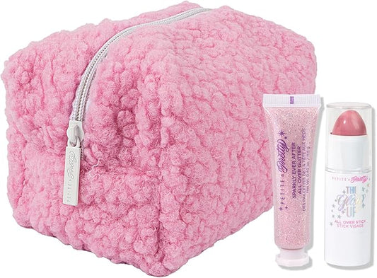 Petite N Pretty Glitter Makeup Set - Shimmering for Eyes, Cheeks, and Body - Glow Up Stick & All-Over Glitter in Pink Sherpa Bag for Kids, Teens, and Tweens (Pink)
