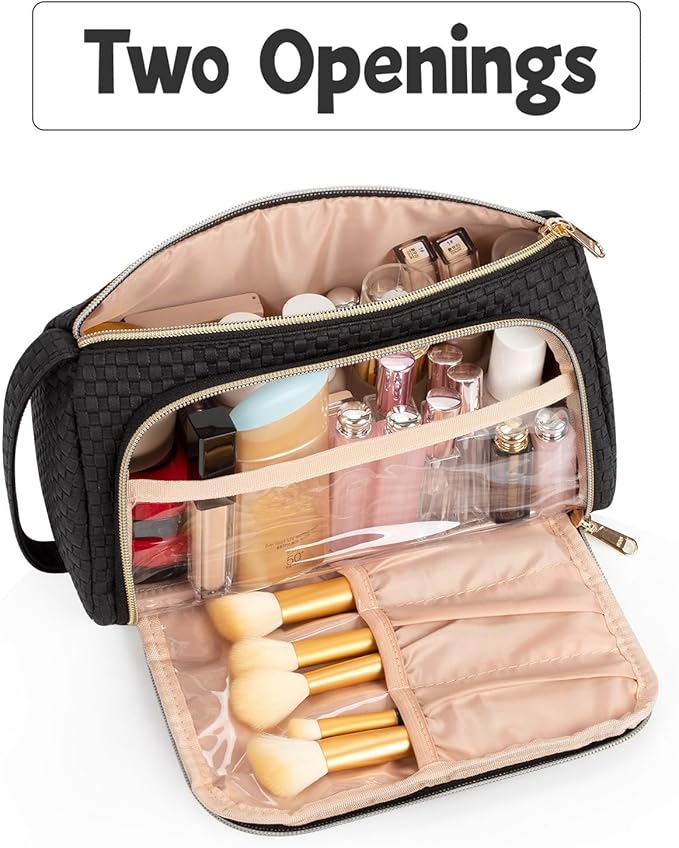 Makeup Bag, Small Cosmetic Bag with Makeup Brush Comparment, 2 in 1 Cute Make Up Organizer Pouch for Women Girls, Portable Travel Toiletry Bag