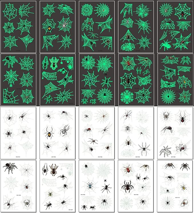 73PCS Luminous Halloween Spider Web Temporary Tattoos for Kids, Costume Makeup Glow in the Dark Fake Tattoo Stickers, Face Cosplay Holiday Party Favors Gifts for Adults Classroom School Prizes Reward