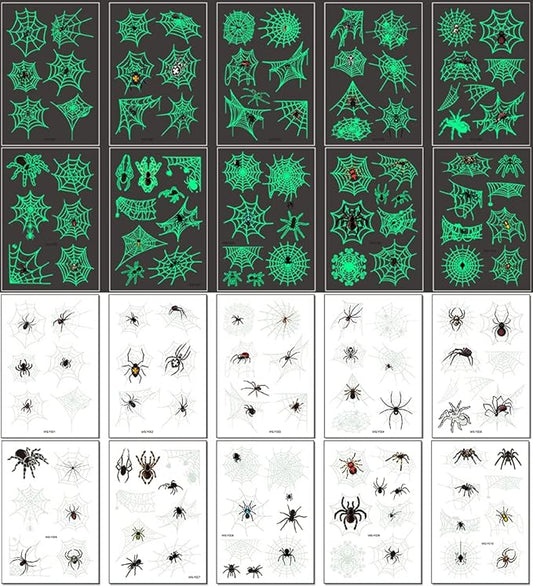 73PCS Luminous Halloween Spider Web Temporary Tattoos for Kids, Costume Makeup Glow in the Dark Fake Tattoo Stickers, Face Cosplay Holiday Party Favors Gifts for Adults Classroom School Prizes Reward