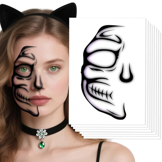 Halloween Face Temporary Tattoo, Spooky Half Face Temporary Tattoos, Face Temporary Tattoo Sticker, Halloween Makeup Tattoo Stickers for Women Adults Halloween Stage Masquerade Party 8Pcs