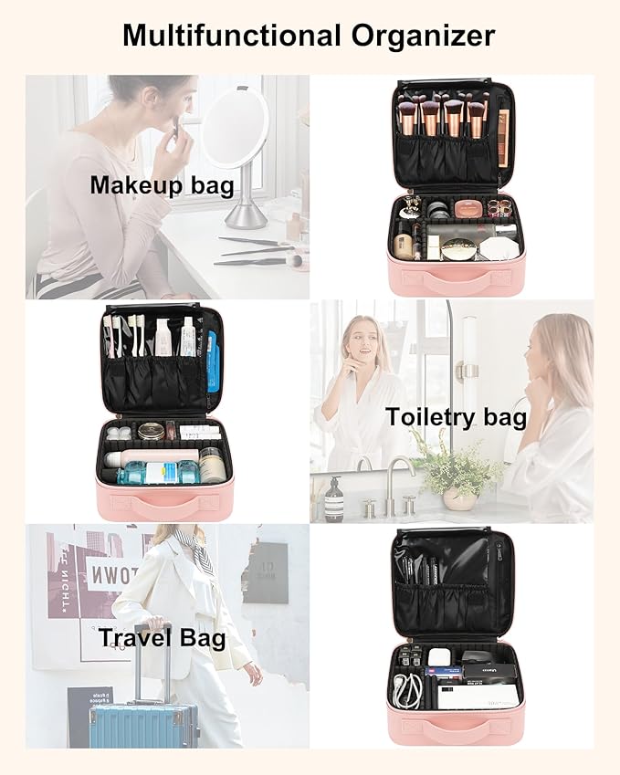 Relavel Travel Makeup Train Case Cosmetic Case Organizer Portable Artist Storage Bag with Adjustable Dividers for Cosmetics Makeup Brushes Toiletry Jewelry Digital Accessories (Pink)