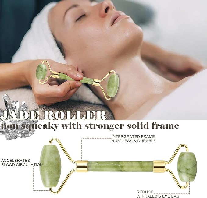 Jade roller and gua sha, facial roller, women's skincare tool, self-care gift, face, eye, neck massager, relieves fine lines and wrinkles, aventurine, opal, rose quartz