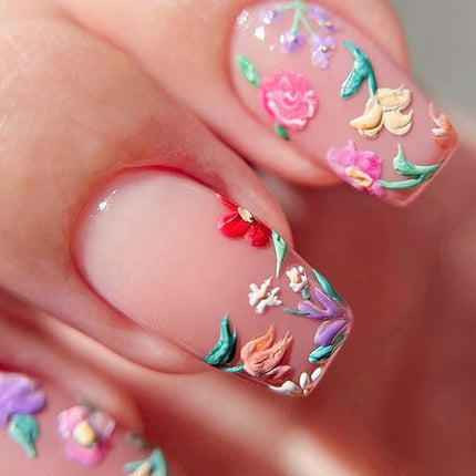 Flower Press on Nails Medium Cute Colorful 3D Flowers Fake Nails Square Acrylic Nails Press ons Colorful Floral Full Cover Glossy Spring and Summer Stick Glue on Nails for Women Girls 24 Pcs