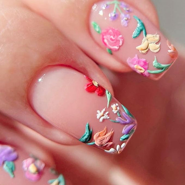 Flower Press on Nails Medium Cute Colorful 3D Flowers Fake Nails Square Acrylic Nails Press ons Colorful Floral Full Cover Glossy Spring and Summer Stick Glue on Nails for Women Girls 24 Pcs