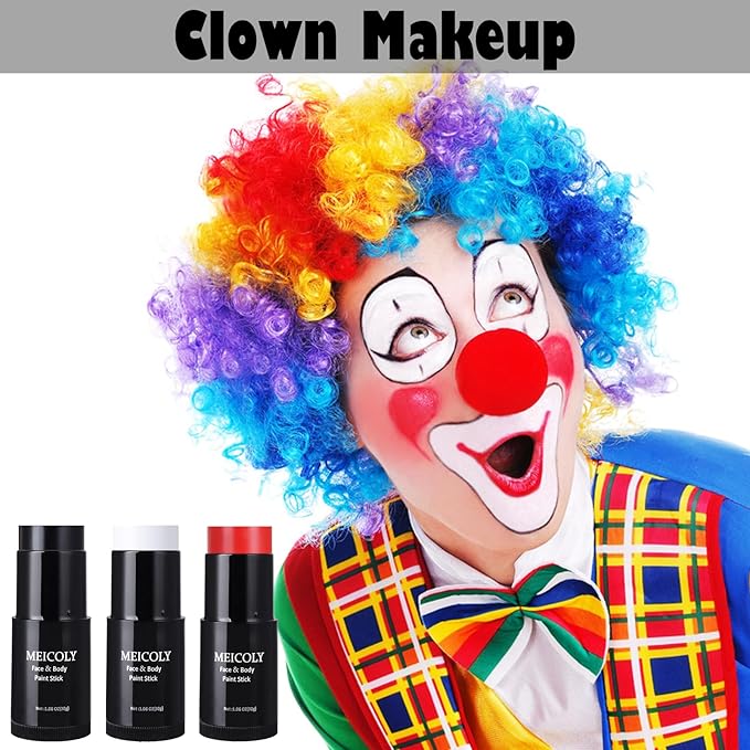 MEICOLY Black White Red Face Body Paint Stick with Setting Powder and Sponges,Clown White Devil Joker Face Paint Makeup,Waterbased Body Paint,Halloween Face Painting for Vampire Skeleton Spiderman