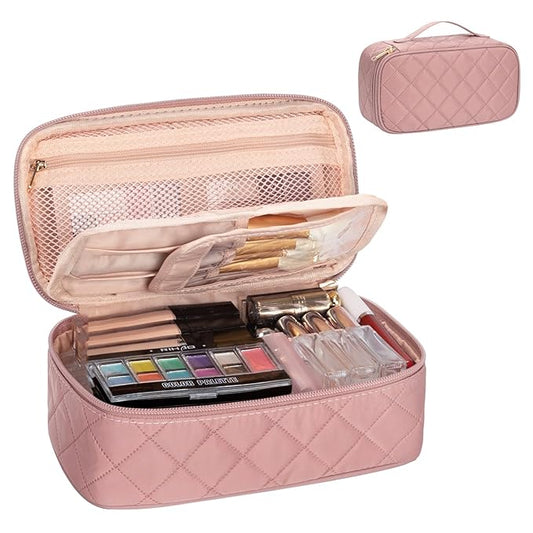 OCHEAL Small Makeup Bag,Portable Cute Travel Makeup Bag Pouch for Women Girls Makeup Brush Organizer Cosmetics Bags with Compartment-Rhombus Pink