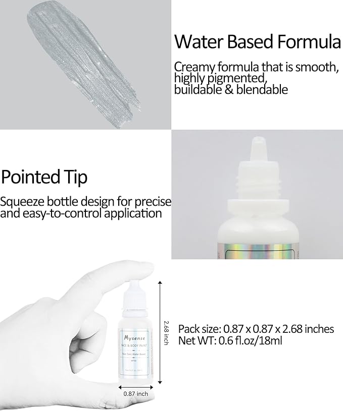 Mysense Pearl Silver Face Body Paint,Water Based Washable Face Paint,Non-toxic Cream Body Paint for Adults and Children,Metallic Face Painting for Halloween Costume SFX Cosplay Makeup,0.6oz