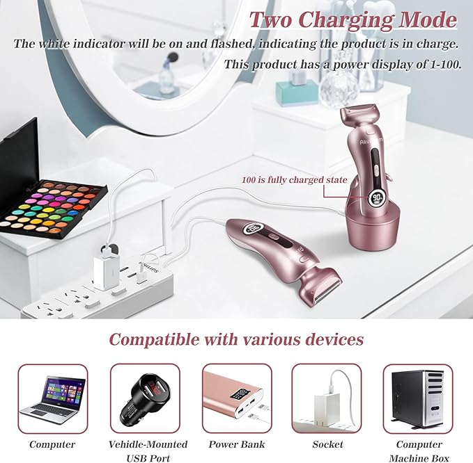 Electric Shaver for Women for Legs Bikini Trimmer Electric Razors for Women Underarm Public Hairs Rechargeable Womens Shaver Wet Dry Use Painless Cordless with Detachable Head (Pink)