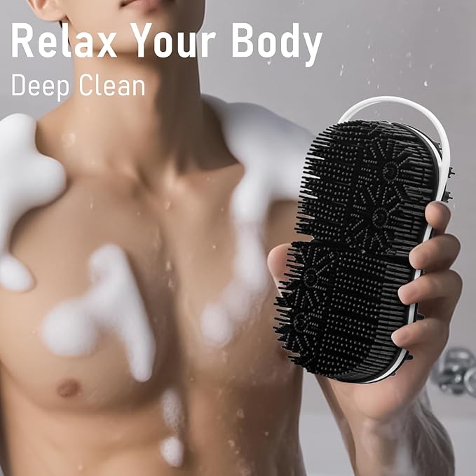 Silicone Body Scrubber Shower Bath Exfoliator 2 in 1 Scalp Massage Mens Body Wash with No-Slip Handle Lather Deep Clean Bathing Upgrade Long Lasting Bristles Loofah All Skin 1 Pack Black