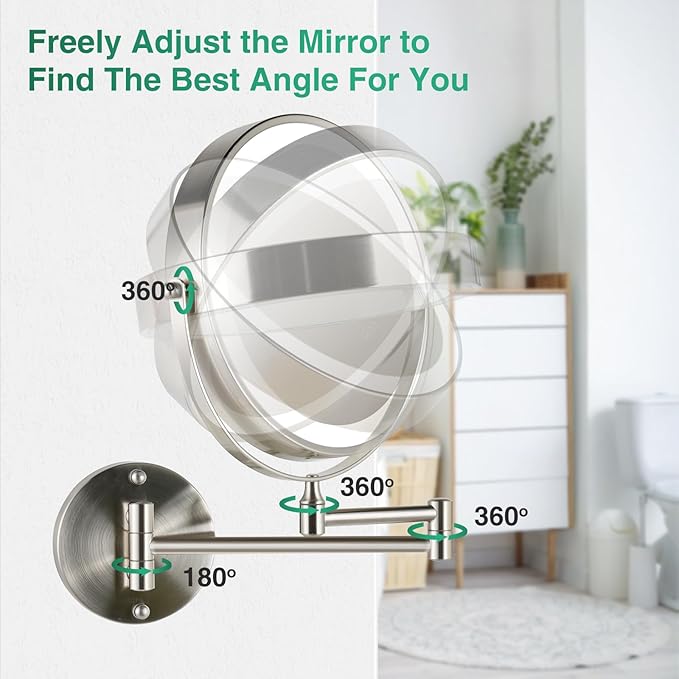 Rechargeable Wall Mounted Makeup Mirror Brushed Nickel, 8.5'' Magnifying Mirror with Lights Double-Sided 1X/10X 360° Rotation Extension Bathroom Shaving Mirror with Foldable Arm