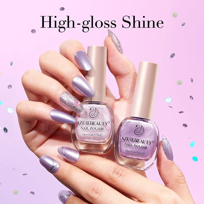 AZUREBEAUTY Sparkle Purple Nail Polish Set Quick Dry Pink Pastel Glitter 2 Colors Nail Lacquer Natural Shine DIY Salon Home Women Gifts 2Pcs 0.34oz