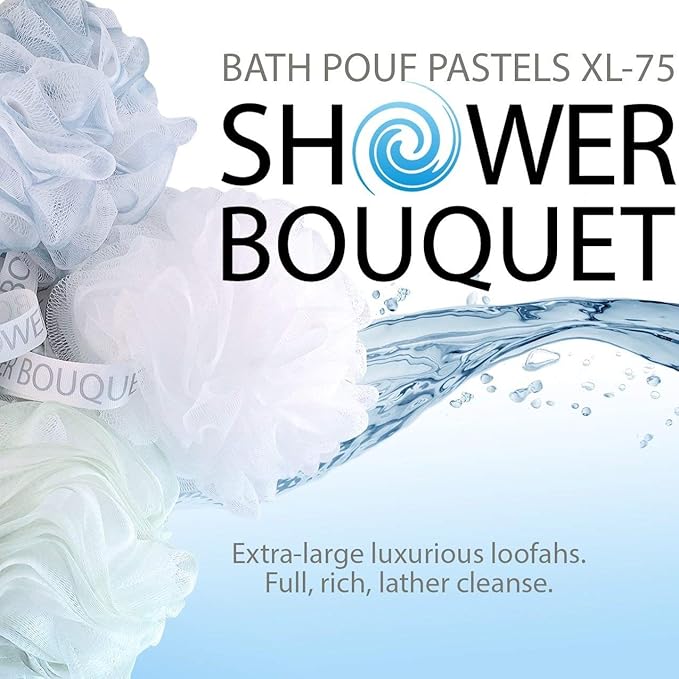 SHOWER BOUQUET Loofah-Bath-Sponge XL Soft-Pastel-Colors 4-Pack // Extra-Large 75g Mesh Luffa Loofa Loufa Puff Pouf Set/Exfoliating Body Scrubber for Women and Men - Exfoliate & Soothe Face & Body