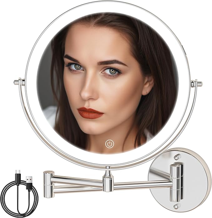8.5" Wall Mounted Makeup Mirror with Light, 2000mAh Rechargeable Double Sided 1X / 10X Magnifying Vanity Mirror, 3 Color Lights Touch Dimmable 360° Rotation Bathroom Mirror, Chrome