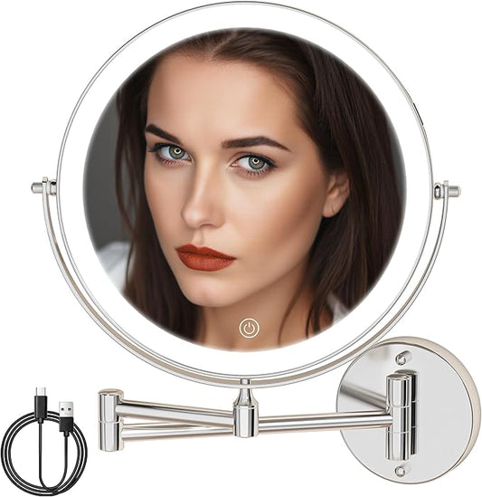 8.5" Wall Mounted Makeup Mirror with Light, 2000mAh Rechargeable Double Sided 1X / 10X Magnifying Vanity Mirror, 3 Color Lights Touch Dimmable 360° Rotation Bathroom Mirror, Chrome
