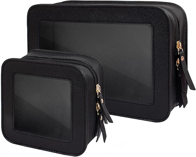 2 Pcs Travel Clear Makeup Bag Set, Clear White Makeup Organizer with Zipper Leather Travel Bags for Toiletries Small Cosmetic Bags for Women Mini Make up Pouch Toiletry Bags Car Essentials