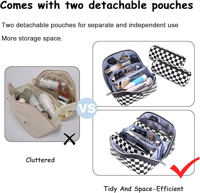 BOYATU Travel Makeup Bag Cosmetic Bags for Women: Large Make up Bags Set of 3 - Portable Makeup Organizer with Compartments&Handle&Divider - Waterproof PU Leather Toiletry Bag(Checkered Mix Black)