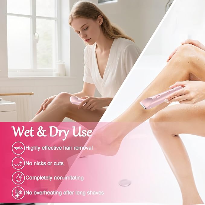 Dermave Bikini Shaver, 2 in 1 Dual Head Bikini Trimmer & Body Shaver, Pain-Free Electric Trimmer for Women, IPX7 Waterproof Wet & Dry, Ceramic Blade, Pink