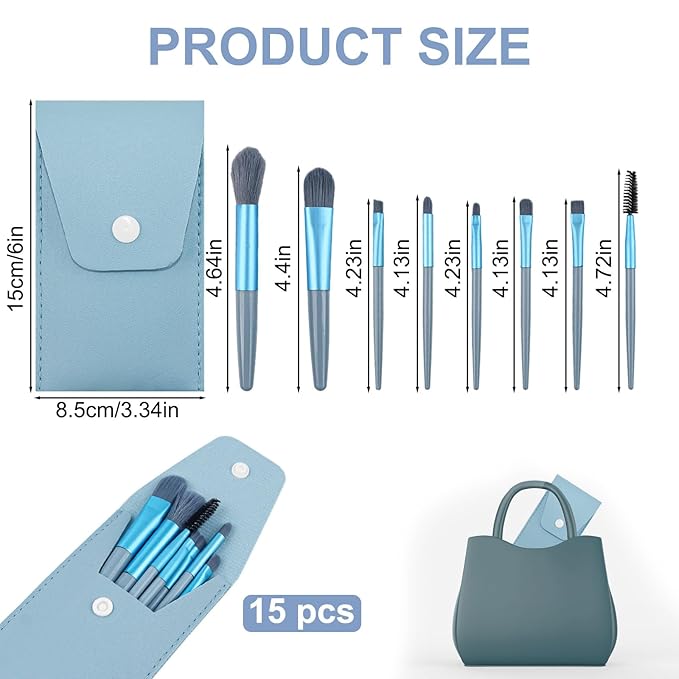 15 Sets Travel Size Makeup Brushes Set Mini Face Make up Brushes Brushes Bag for Makeup Party Favors Wedding Bridal Shower Favors Bridesmaid Gift Bachelorette Party Gift (Light Blue, 15pc)