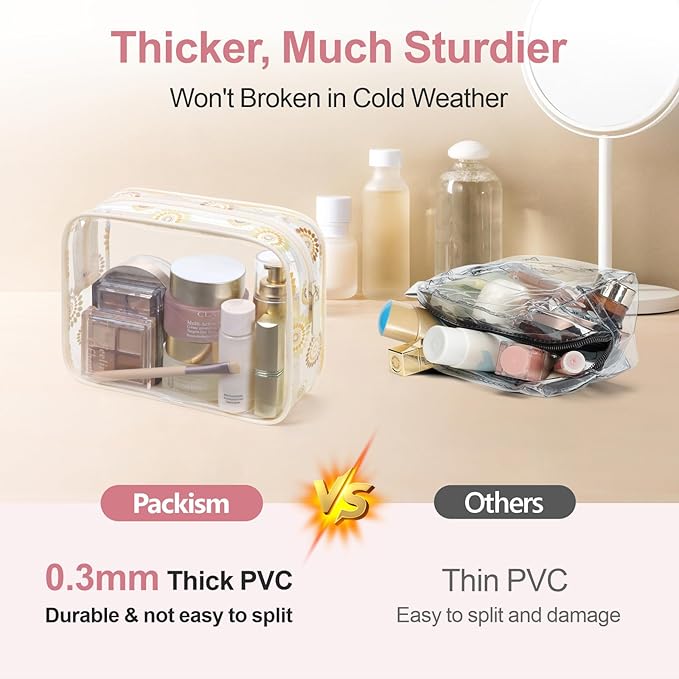 PACKISM TSA Approved Toiletry Bag - Beige Bohemian Print Clear Cosmetic Bag, Suitable for Gifts, with Supporting Frame, Perfect for Travel Essentials, Thick No Smell