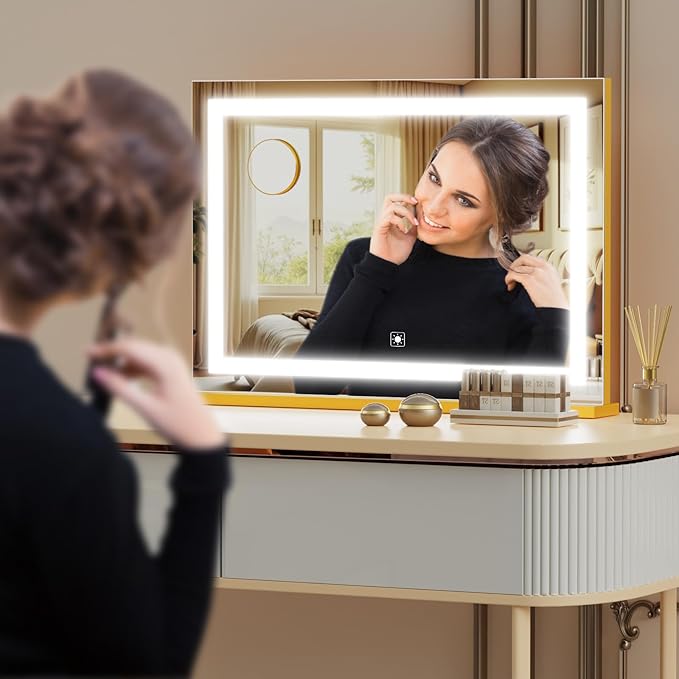 Makeup Vanity Mirror with Lights 20" L x 26" W Large LED Makeup Mirror, Light up Mirror with 10X Magnification and USB Charging Port, Dimmable 3 Modes, Touch Screen Control Square Gold