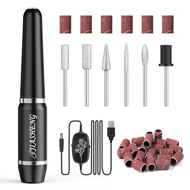 JIASHENG USB Electric Nail Drill, Portable File for Acrylic Gel Nails, Professional Manicure and Pedicure Kit With Drill Bits for Home and Salon Use, Black