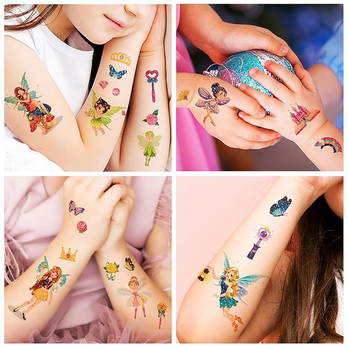 Fairy Temporary Tattoos for Kids - 145 Pieces Glitter styles body Face Makeup Fake Tattoos for Girls,Birthday Party Tattoos Stickers Supplies,Holiday Party Favors Gifts Goodie Bag 10 Sheet