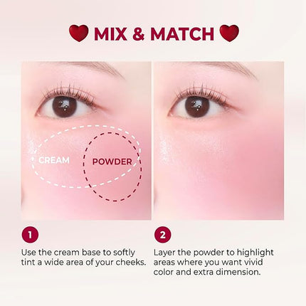 COLORGRAM TINTIN DORY DUO BLUSHER 05 RED HEART DUO | Dual Texture Cream & Powder Blush in One | Natural Flush to Matte Finish Cheek Color | Buildable, Compact Korean Blush for Daily Makeup