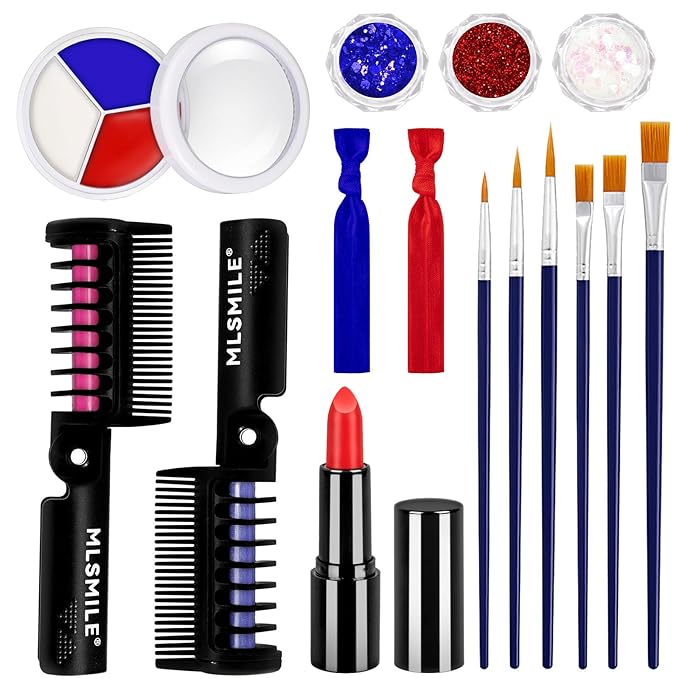 Halloween Makeup Set Clown Make Up Kit Includes Red White Blue Face Paint Hair Color Sticks Glitte Paint Stick Lipstick Makeup Brush Hair Tie for Halloween Cosplay Party DIY