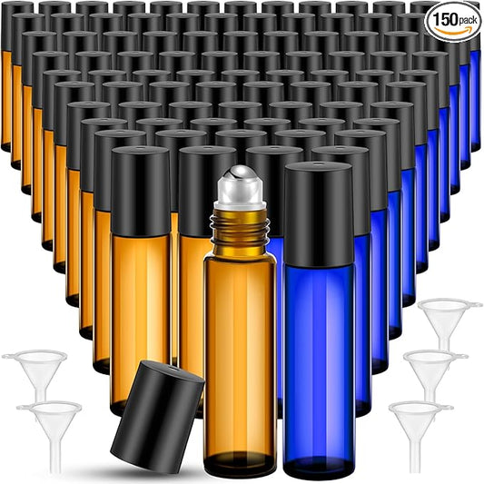 Sumind 150 Pcs Essential Oil Roller Bottles 10 ml Glass Empty Roll on Bottles with Stainless Steel Balls Leak Proof with 5 Funnel for Travel Essential Oil(Amber, Blue)