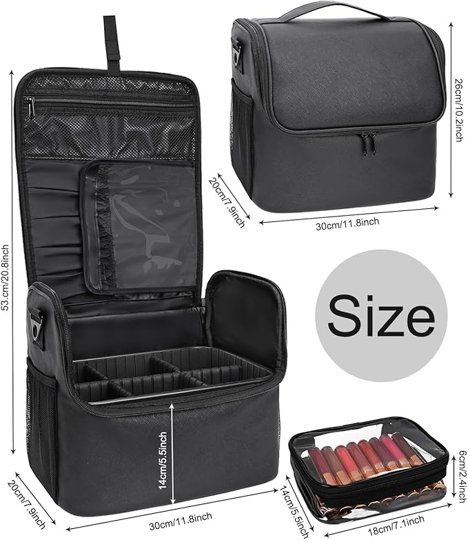 Travel Makeup Case with 4 Small Bag, Professional Makeup Artist Bag Tattoo Case PU Leather Makeup Organizer Box with Adjustable Dividers and Shoulder Strap (Medium, Black)