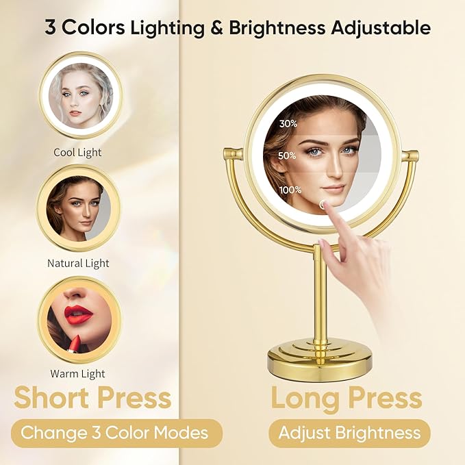 GURUN 8.5 Inch Rechargeable LED Lighted Tabletop Makeup Mirror with 10x Magnification Dimmable 3 Colors Touch Control 4500mAh Double Sided Gold Finish 2208D-T(10x, Gold)