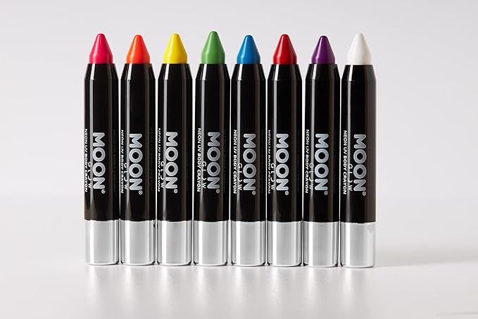 Moon Glow - Blacklight Neon Face Paint Stick / Body Crayon makeup for the Face & Body - Intense set of 8 colours - Glows brightly under blacklights