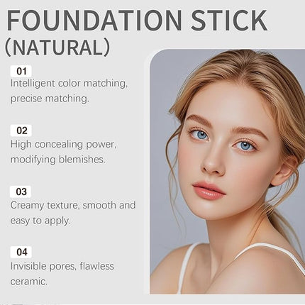 Blanc Cover Cream Stick - Korean Color Changing Foundation Stick V - Dual-Ended with Detachable Brush, Medium to Full Coverage Base Makeup, Portable for Daily Use (Natural)