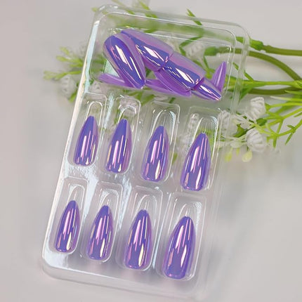 Almond Press on Nails Medium Fake Nails with Chrome Aurora Designs Glossy Purple Nails Press ons Full Cover Acrylic Nail Cute Stick on Nail for Women 24 Pcs