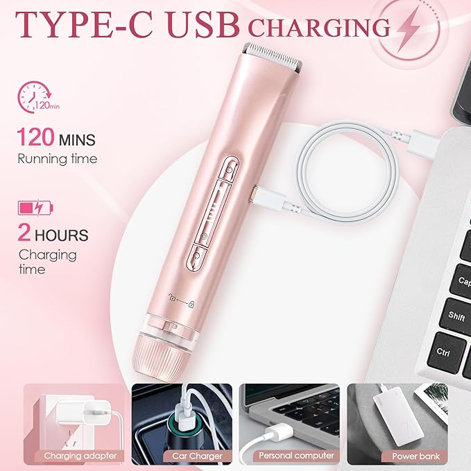 2 in 1 Bikini Trimmer for Women Dual Head Electric Razors IPX7 Waterproof Wet & Dry Use, Electric Shaver for Women Private Area Facial Body Underarm Leg Arm Hair Remover for Pubic Hair