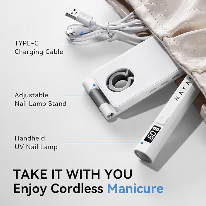 Makartt UV Nail Lamp with Stand – 3W Handheld UV Light for Gel Nails for Nial Tips & Gel Polish, USB Rechargeable Fast Curing Flash Cure Lamp with LCD & 2 Timers for DIY Home or Salon