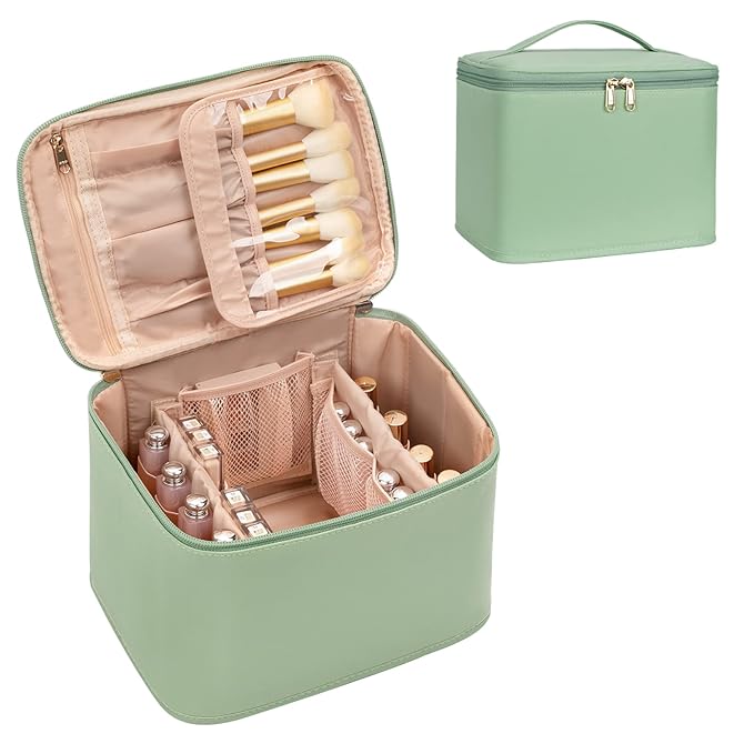 OCHEAL Makeup Bag, Portable Cosmetic Bag, Large Capacity Travel Case Organizer, Black Makeup Bags For Women Toiletry Bag for Girls Traveling With Handle and Divider-Light Green Large