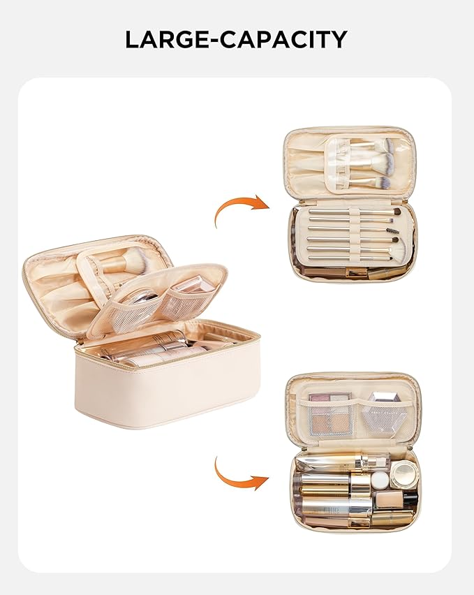 Makeup Bag for Women Small Travel Makeup Bag Organizer Portable Toiletry Bag Cute Makeup Bags Waterproof Leather Cosmetic Bag Makeup Case with Handle, Beige