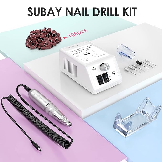 Subay 30,000rpm Efile Nail Drill, Electric Nail File with 106pcs Sanding Bands and Nail Drill Bits Pedicure Manicure Tools for Acrylic Nails,Thick Nails for Nail Salon Supplies Home Use, White