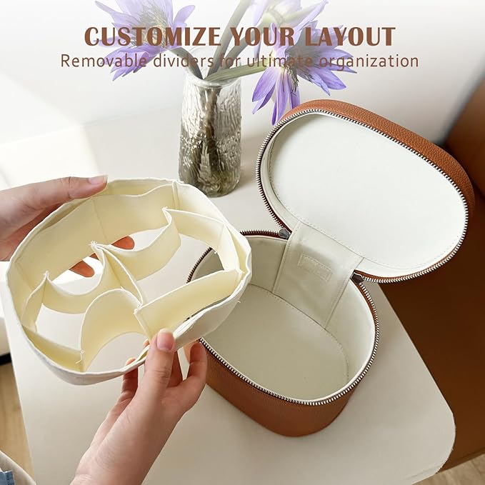 KJMYYXGS Leather Makeup Bag with Dividers Make Up Organizers with Compartments and Handle for Vanity Travel Makeup Countertop Case (brown)