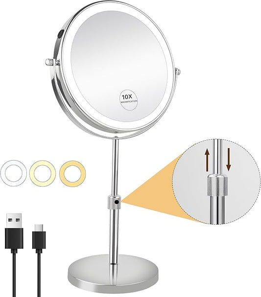 JANEEVA 10X Lighted Makeup Mirror with 3 Lighting Modes, 8" Dimmable Lights Height Adjustable Vanity Mirror with Lights, Rechargeable Double Sided 1X 10X Magnifying Mirror, 360°Rotation,Chrome