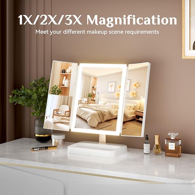 3- Folding Makeup Mirror, 76 LED Beads, 3 Adjustable Color Modes,Long Press The Touch Button to Adjust The brightness1%-100%, 1x / 2X / 3X Magnification，Rechargeable (Ivory White)