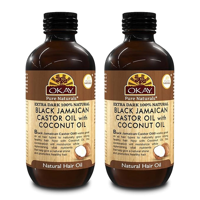 Okay Pure Naturals 100% Pure Black Jamaican Castor Oil with Coconut Oil - Castor Oil for Hair Growth for Men & Women, Moisture for Skin, Scalp, Eyelashes, Eyebrows - 4 oz Glass Bottle (2 Pack)
