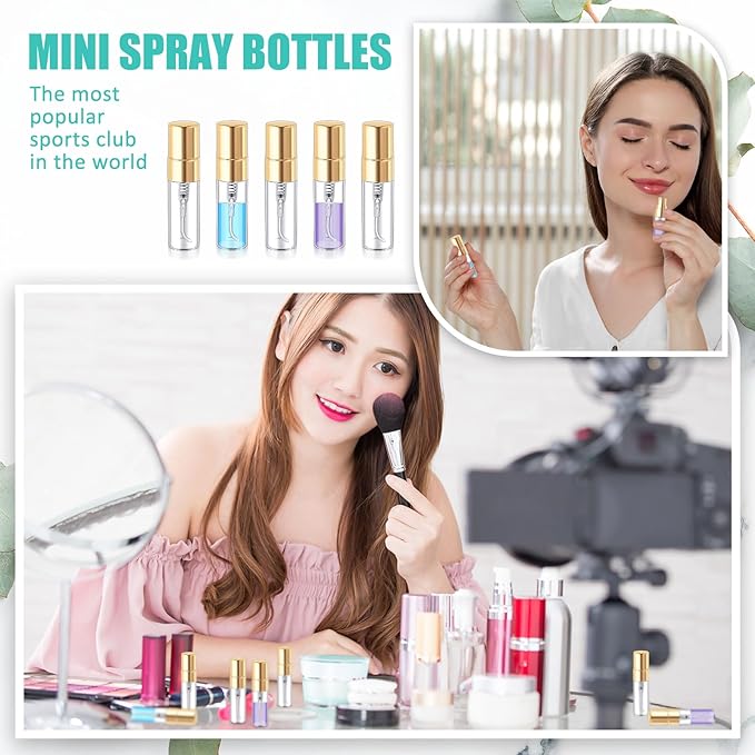 Zhehao 50 Pcs Mini Spray Bottles 3 ml Clear Glass Perfume Bottles Refillable Fine Mist Perfume Atomizer Portable Empty Sample Containers for Cleaning, Essential Oils, Travel (Gold Cap)