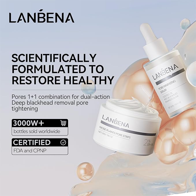 LANBENA 3-in-1 Blackhead Removal Set - Pore Strips (30g), Pore Minimizing Serum (30ml) & Removal Paper - Mask for Face, Minimizes Pores & Leaves Skin Fresh & Clean, Blackhead Remover