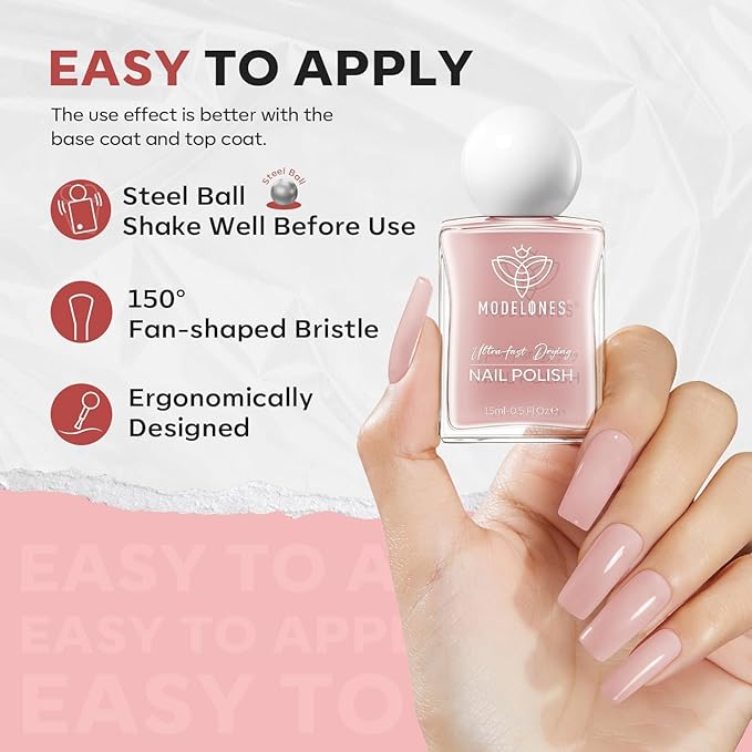 modelones Jelly Nude Nail Polish, 15 ml Jelly Natural Pink Translucent Color Quick Dry Nail Lacquer Strengthener Long Last Shine Fingernail Toe Nail Art DIY Home Travel Manicure Gift for Women Girls