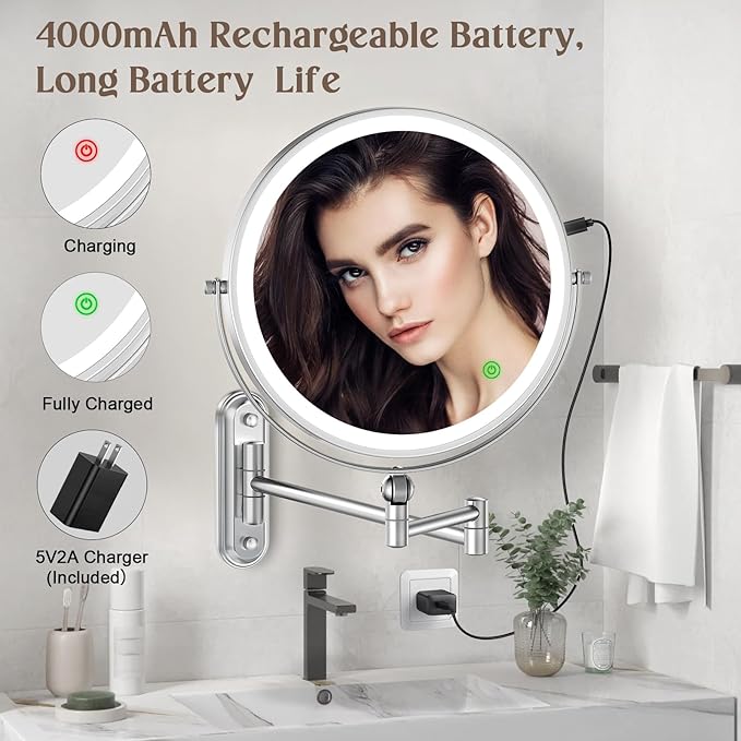 9" Wall Mounted Makeup Lighted Mirror, 4000mAh Rechargeable Double Sided LED Vanity Mirror with Height Adjustable&1X/10X Magnification, 3 Color Lights Touch Screen Dimmable 360°Swivel Bathroom Mirror